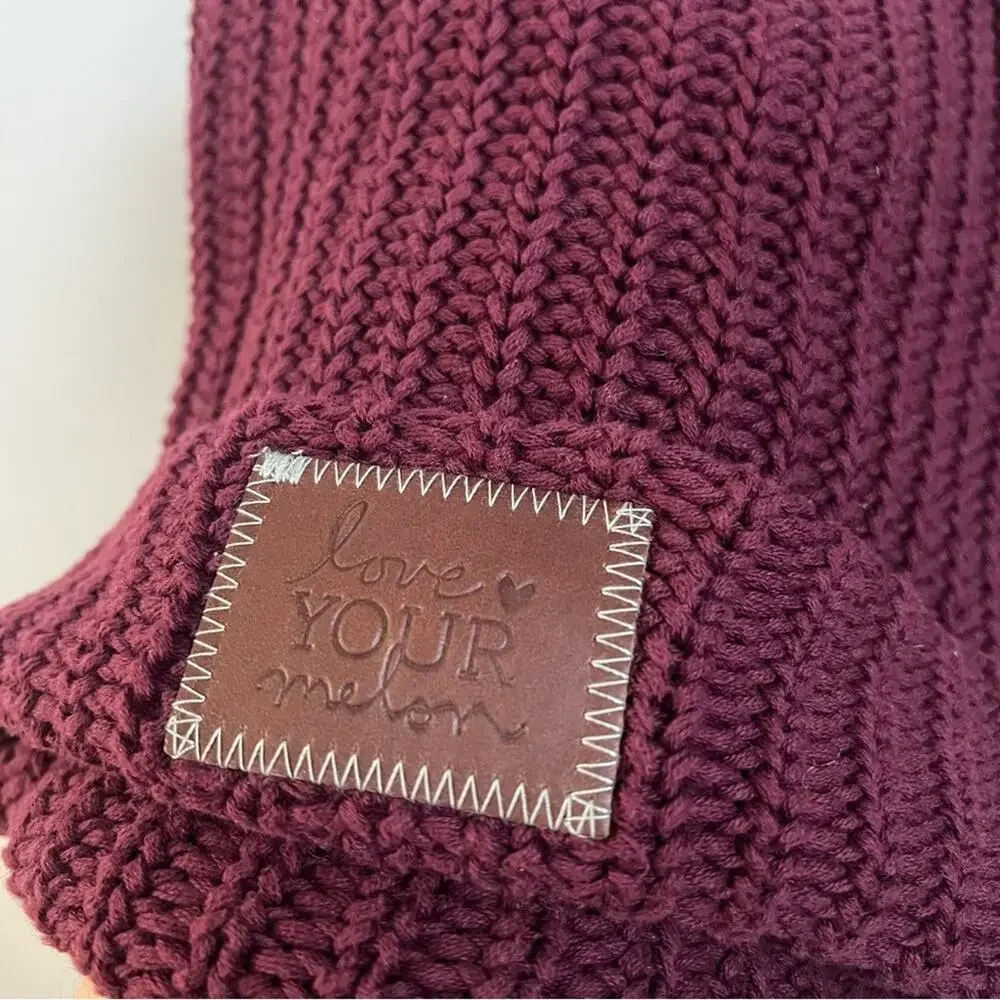 Love Your Melon Burgundy Pom Beanie Natural Pom Cableknit One Size Womens